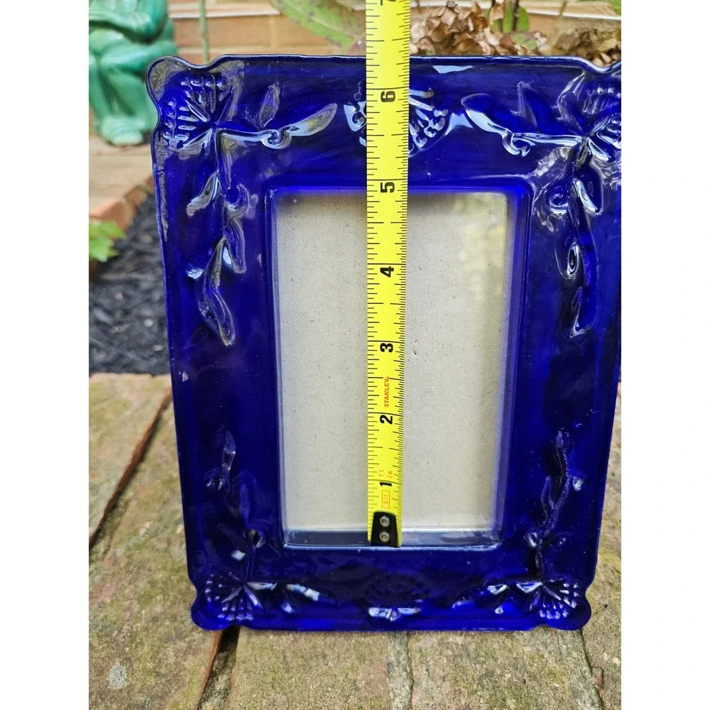 Vtg Cobalt Molded Glass Picture Frame, Art Deco Style Fan & Floral Design 3